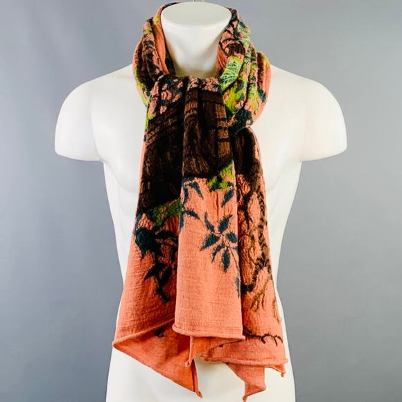 KAPITAL Orange Green Brown Leafy Tree Wool Scarf - Picture 1 of 4